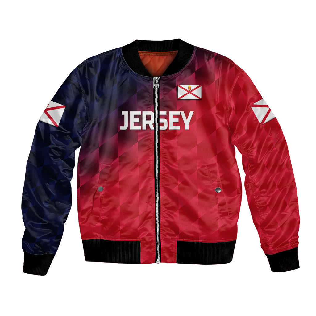 Red and navy cricket bomber jacket with full zip, ribbed collar and cuffs, front Jersey print.
