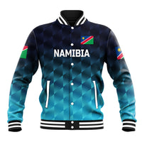 Blue check-pattern baseball jacket with Namibia graphic, striped collar/cuffs, snap buttons