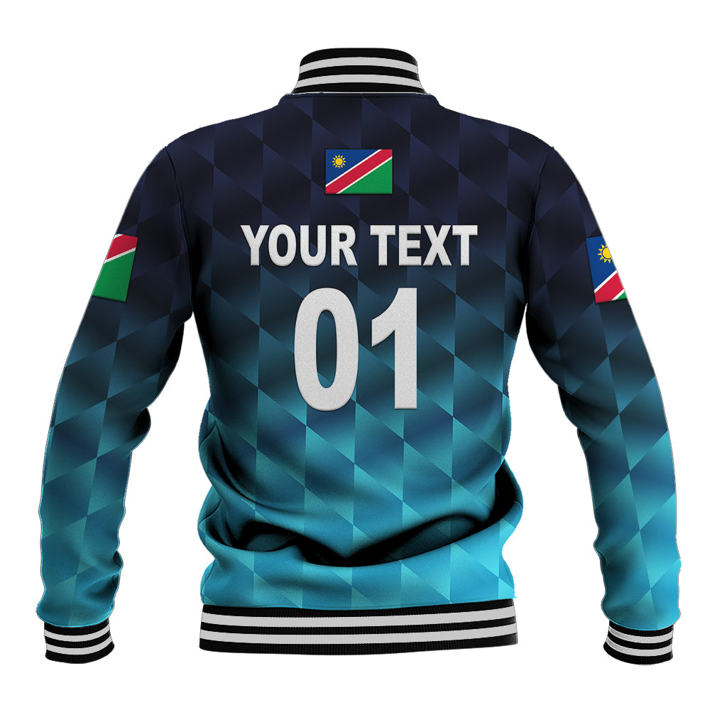 Blue check-pattern baseball jacket back with Your Text 01, Namibia flag patch, striped cuffs