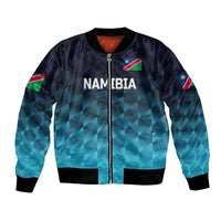 Unisex blue bomber jacket, full-zip front, Namibia flag patches, NAMIBIA text