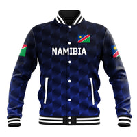Navy check-pattern baseball jacket, zip front, ribbed collar, Namibia flag patch