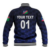 Navy back baseball jacket with check pattern, ribbed hem, flag patch, '01' text