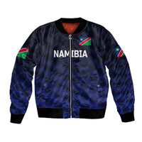 Unisex navy bomber jacket with full-zip front, black cuffs, Namibia graphic and flags