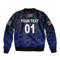 Unisex navy bomber jacket back view with 'YOUR TEXT 01' print and Namibia flags