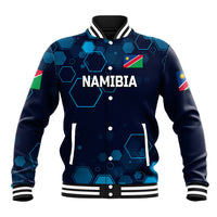 Baseball jacket: navy hex pattern with Namibia crest, striped rib collar and cuffs