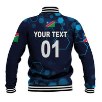 Back of navy baseball jacket with hex pattern, flag patch, 'YOUR TEXT 01' design