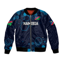 Navy cricket bomber jacket with blue geometric pattern, front zip, Namibia flag patch