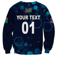 Navy crewneck sweatshirt with turquoise hex pattern, Namibia flag and YOUR TEXT 01 on back
