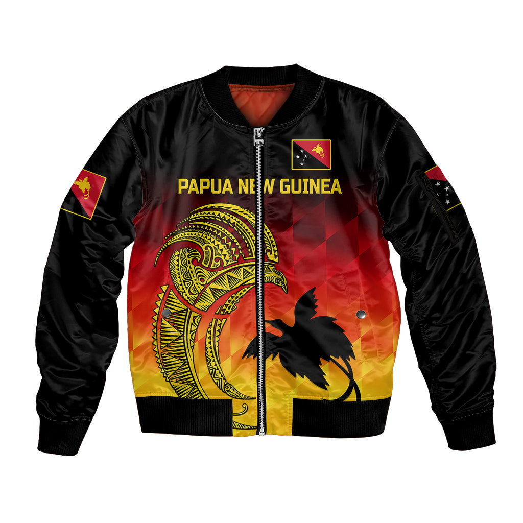 custom-personalised-papua-new-guinea-barramundis-cricket-sleeve-zip-bomber-jacket-birds-of-paradise-paradisaea-raggiana-original-gradient-flag-vibes