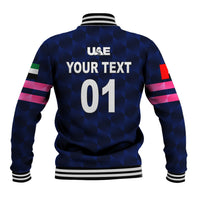 Navy cricket baseball jacket, back graphic with text and number 01, striped rib hem
