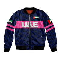 Navy cricket bomber jacket with zip front, UAE graphic, and multicolor sleeve stripes