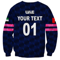Navy cricket sweatshirt back with text USE YOUR TEXT and number 01