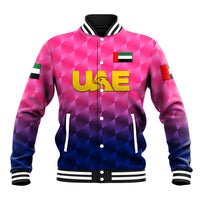 Pink baseball cricket jacket with black ribbed collar, front zip and UAE logo
