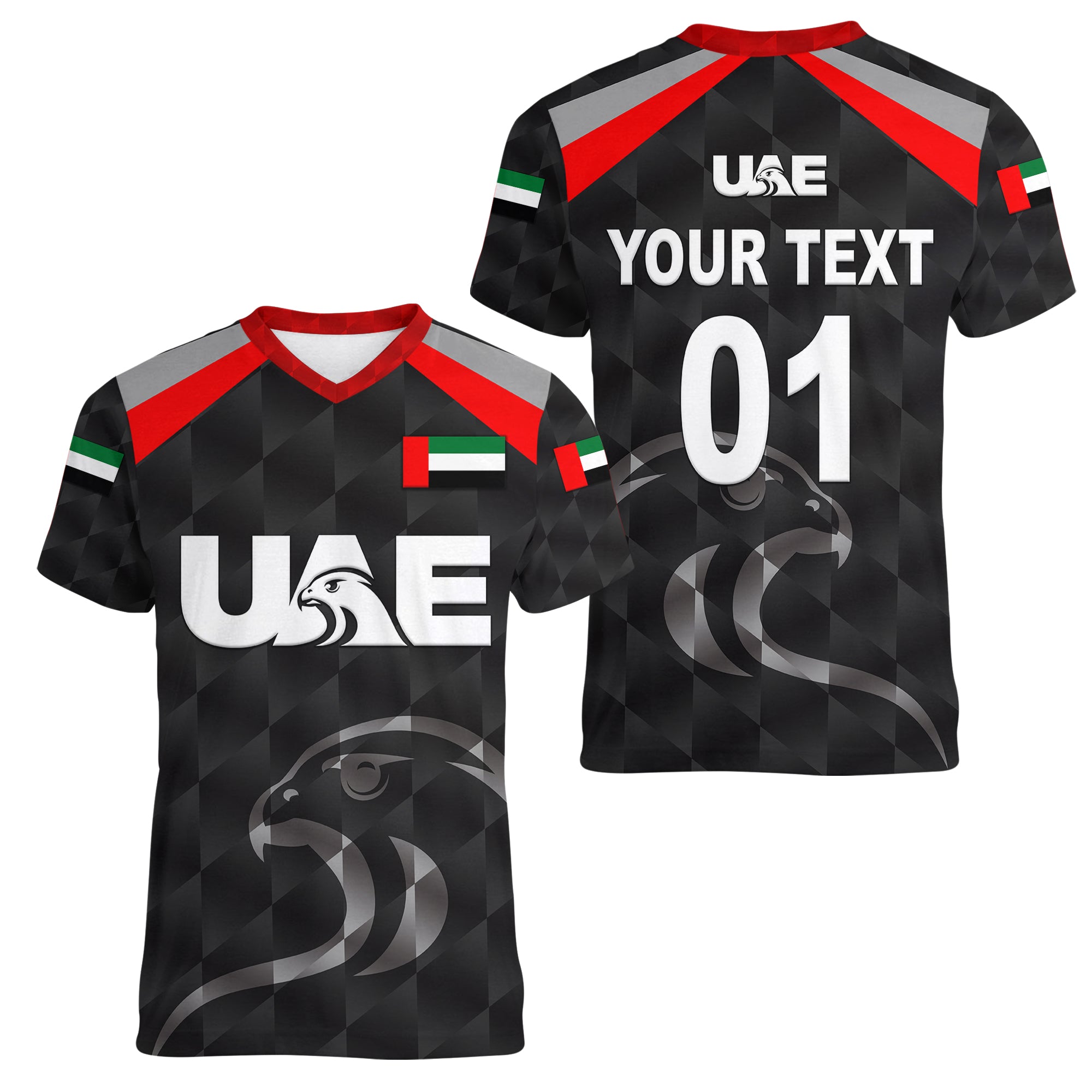 custom-personalised-united-arab-emirates-uae-cricket-women-v-neck-t-shirt-falcon-special-black