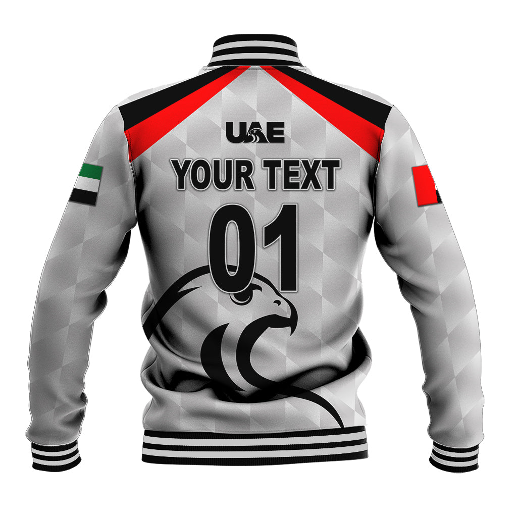 Grey baseball cricket jacket back with ribbed collar, black-red stripes, UAE Your Text and 01