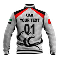 Grey baseball cricket jacket back with ribbed collar, black-red stripes, UAE Your Text and 01