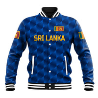 Blue baseball jacket with black snap front, striped ribbed cuffs, Sri Lanka chest logo