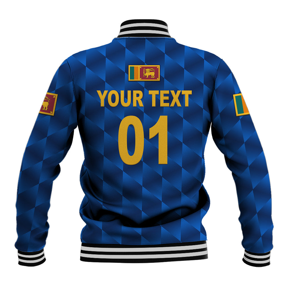 Blue baseball jacket back with checker pattern, 'Your text 01' print, ribbed hem