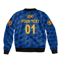 Blue bomber jacket back with custom text, number 01, and crest patch