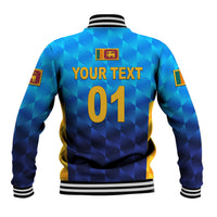 Blue gradient baseball jacket with diamond pattern, striped hem and YOUR TEXT 01 back
