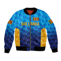 Blue gradient bomber jacket with full zip, ribbed collar and cuffs; Sri Lanka print