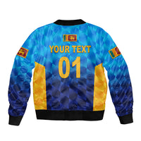 Blue gradient bomber jacket with ribbed hem and cuffs; back print 'YOUR TEXT 01'