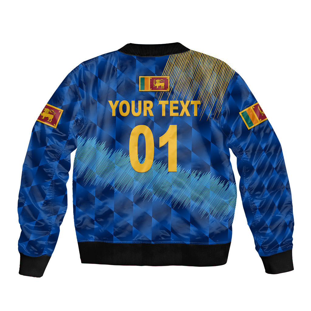 Blue bomber jacket back with YOUR TEXT and 01 print, sleeve patches, black rib trim
