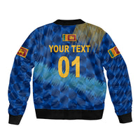 Blue bomber jacket back with YOUR TEXT and 01 print, sleeve patches, black rib trim