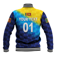 Gradient blue baseball jacket back with striped rib trim, YOUR TEXT 01 print
