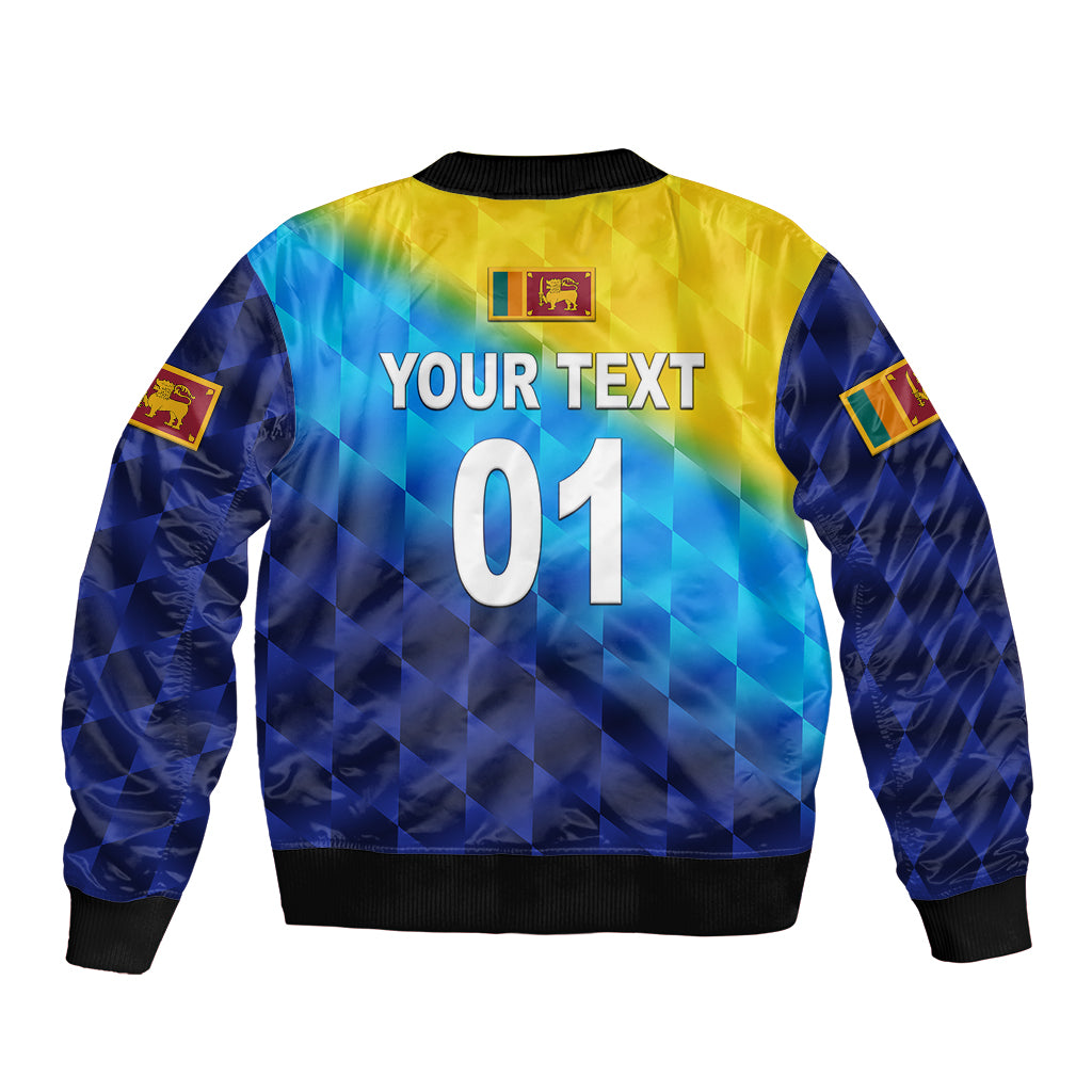 Blue gradient bomber jacket back with graphic, YOUR TEXT 01, side patches, rib trim