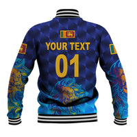 Blue baseball jacket back with striped hem, YOUR TEXT and 01 numbers; lion artwork at bottom