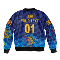 Blue bomber jacket back with 'YOUR TEXT' and '01' print, ribbed hem and cuffs
