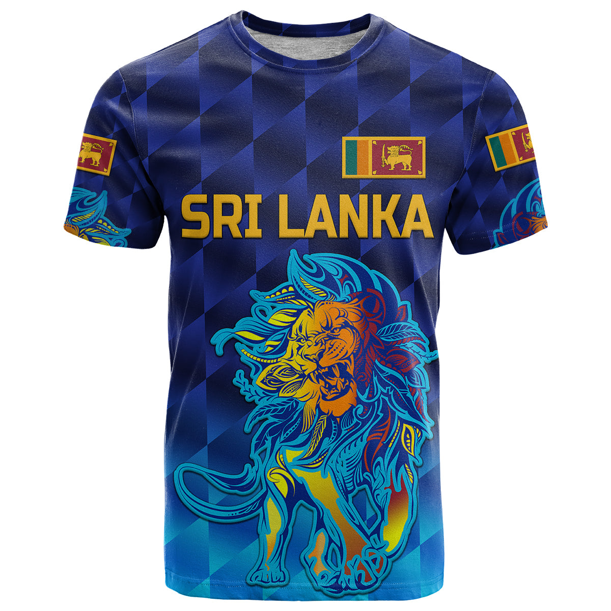 Blue Sri Lanka cricket t-shirt with checkered pattern, SRI LANKA text, lion emblem