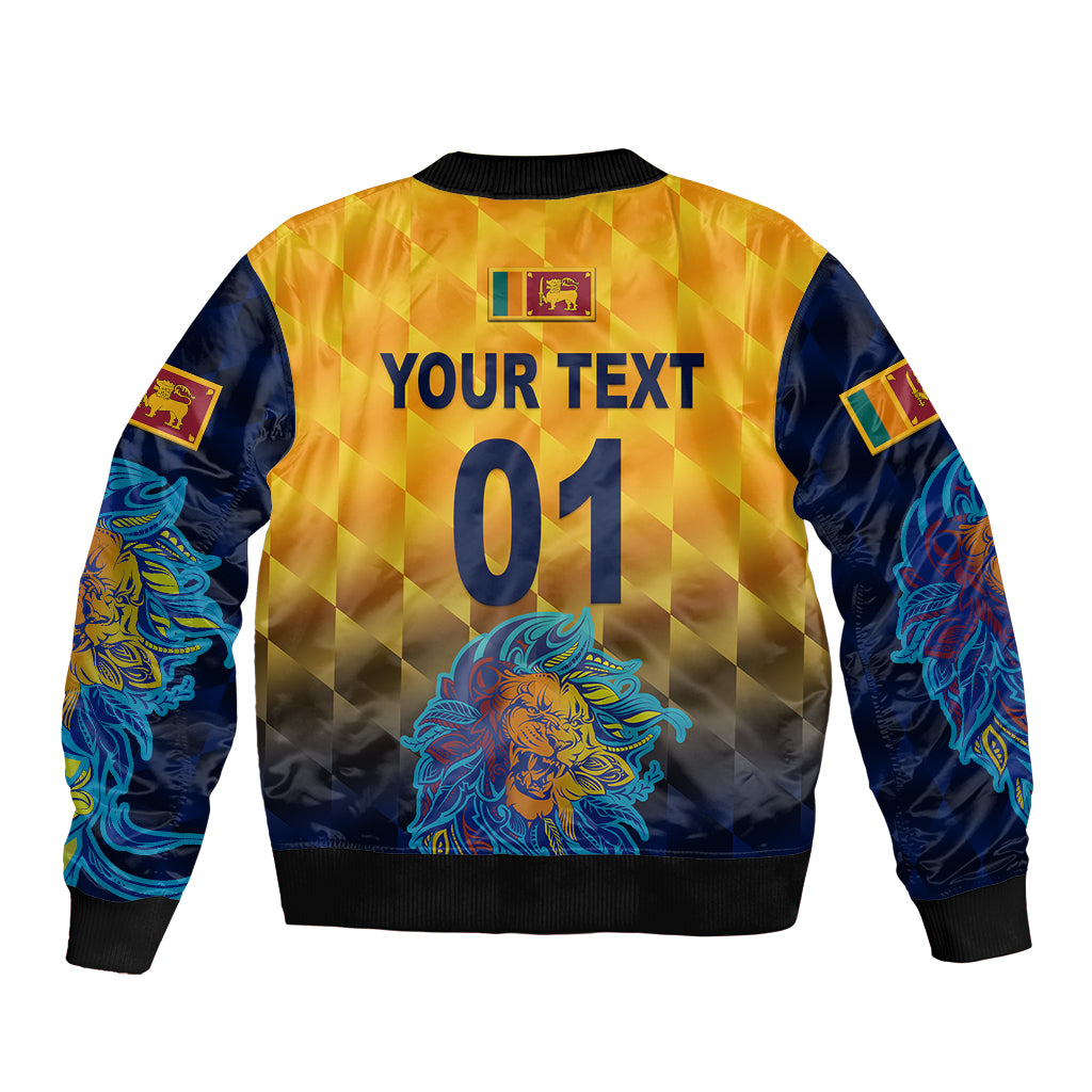 Yellow bomber jacket back with custom text, number 01, and lion artwork.