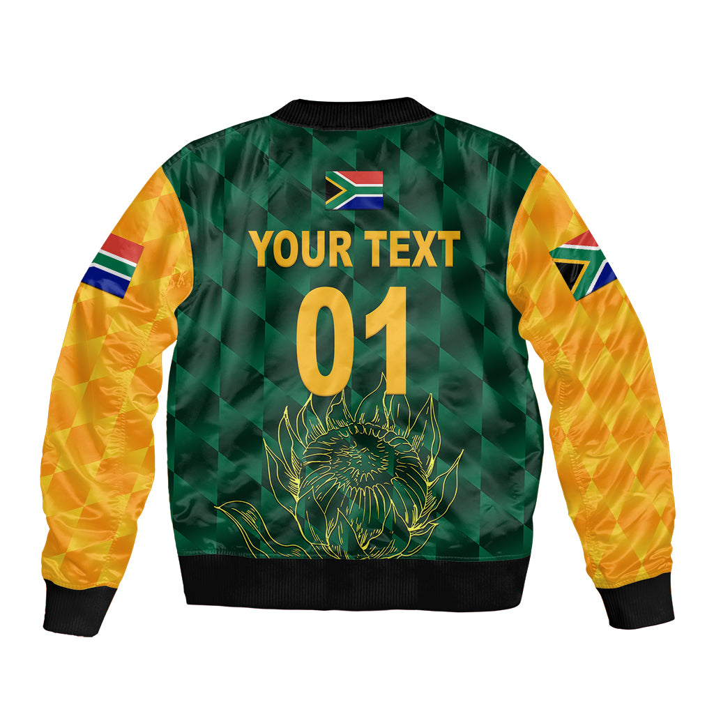 Green bomber jacket back with yellow sleeves, black rib trim, your text 01 and crest