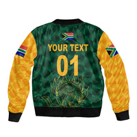 Green bomber jacket back with yellow sleeves, black rib trim, your text 01 and crest