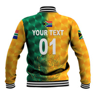 Yellow varsity baseball jacket back, striped hem and cuffs, graphic with Your text and 01