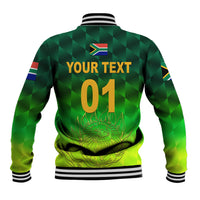 Green baseball jacket back with 'YOUR TEXT 01', striped ribbed collar and cuffs, crest