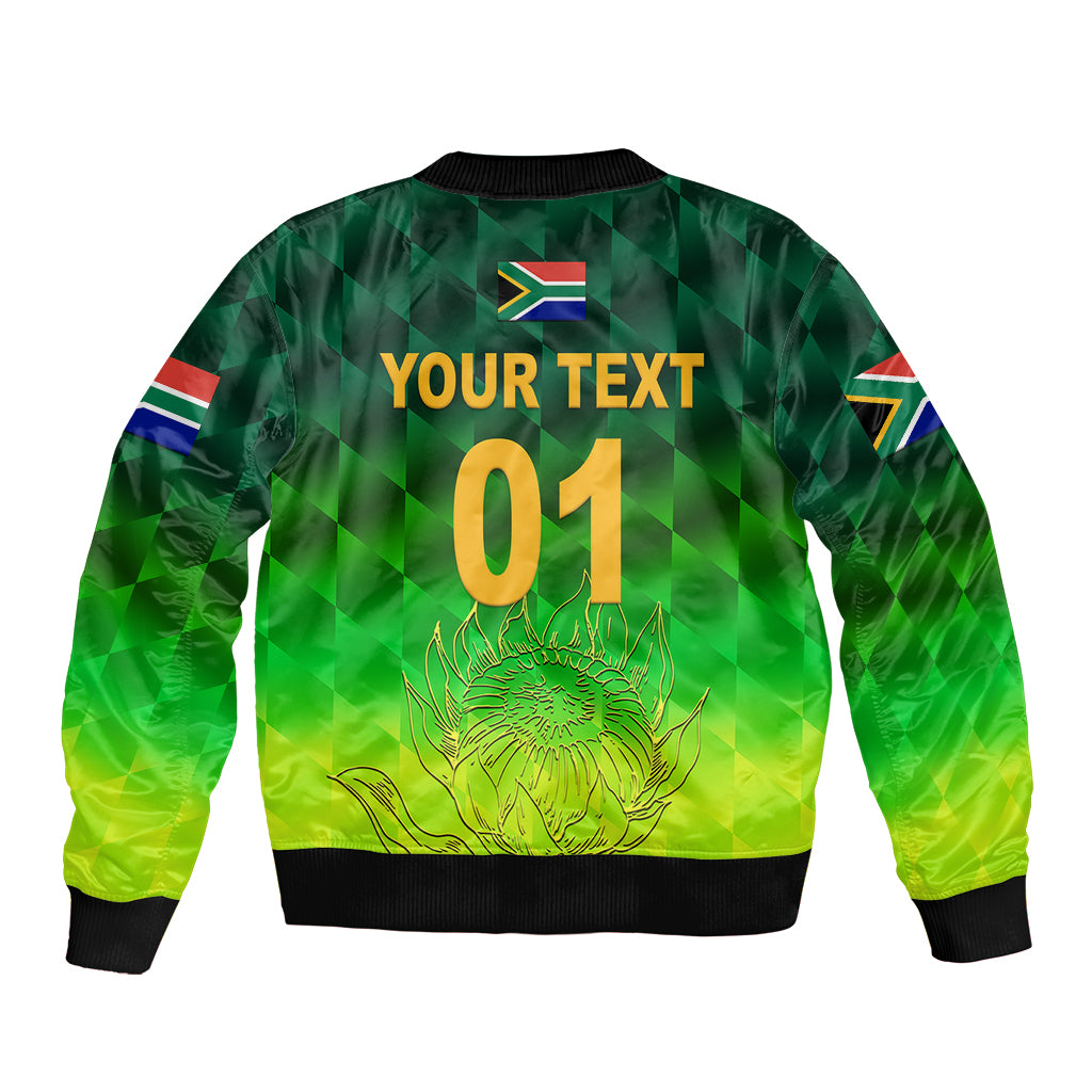 Green gradient bomber jacket with back print: Your Text 01, Proteas crest, ribbed hem