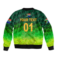 Green gradient bomber jacket with back print: Your Text 01, Proteas crest, ribbed hem
