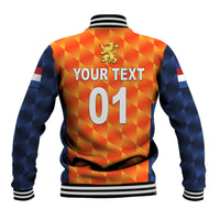 Orange cricket baseball jacket back with checker pattern, lion crest, "YOUR TEXT 01" print