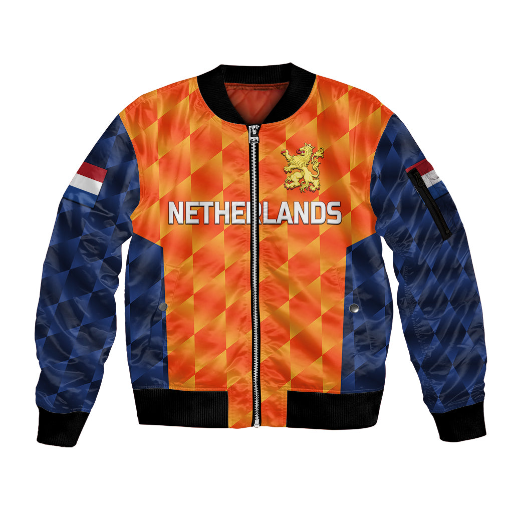 custom-personalised-netherlands-cricket-dutch-lion-sleeve-zip-bomber-jacket-unique-orange