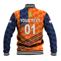 Back of orange and blue baseball jacket with striped trim, lion crest, and number 01 print