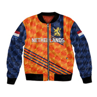 Unisex bomber jacket in orange and blue with front zipper and lion crest