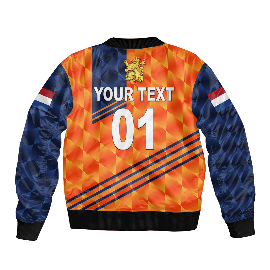 Unisex bomber jacket orange and blue with lion crest, '01' and ribbed hem