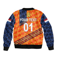 Unisex bomber jacket orange and blue with lion crest, '01' and ribbed hem