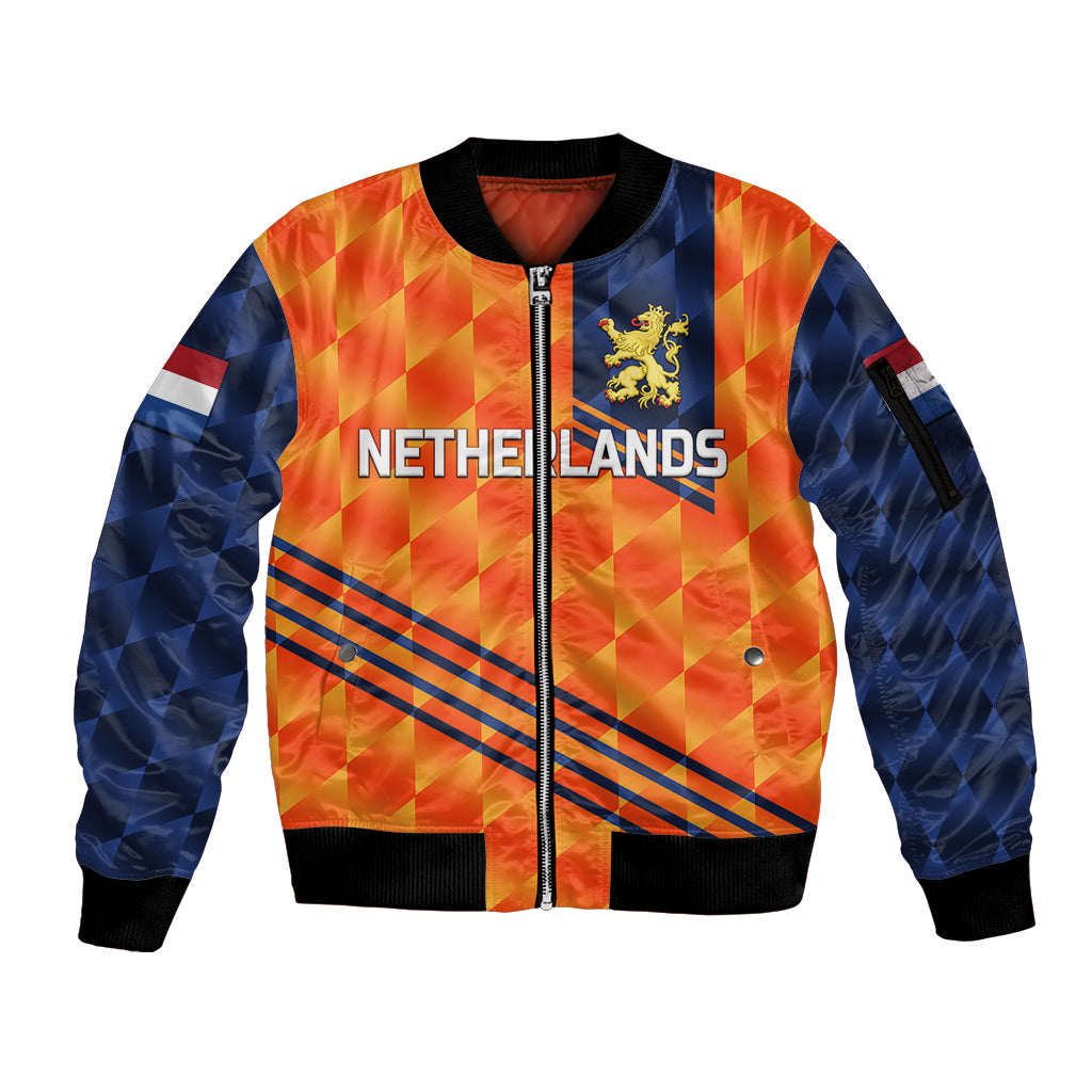 custom-personalised-netherlands-cricket-dutch-lion-sleeve-zip-bomber-jacket-special-orange