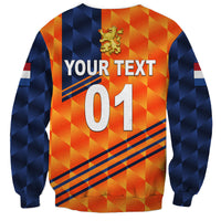 Orange-and-navy crewneck sweatshirt back with 'YOUR TEXT' and number 01 graphic
