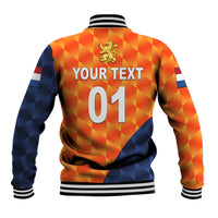 Orange cricket baseball jacket back with lion crest, YOUR TEXT 01, striped hem and cuffs