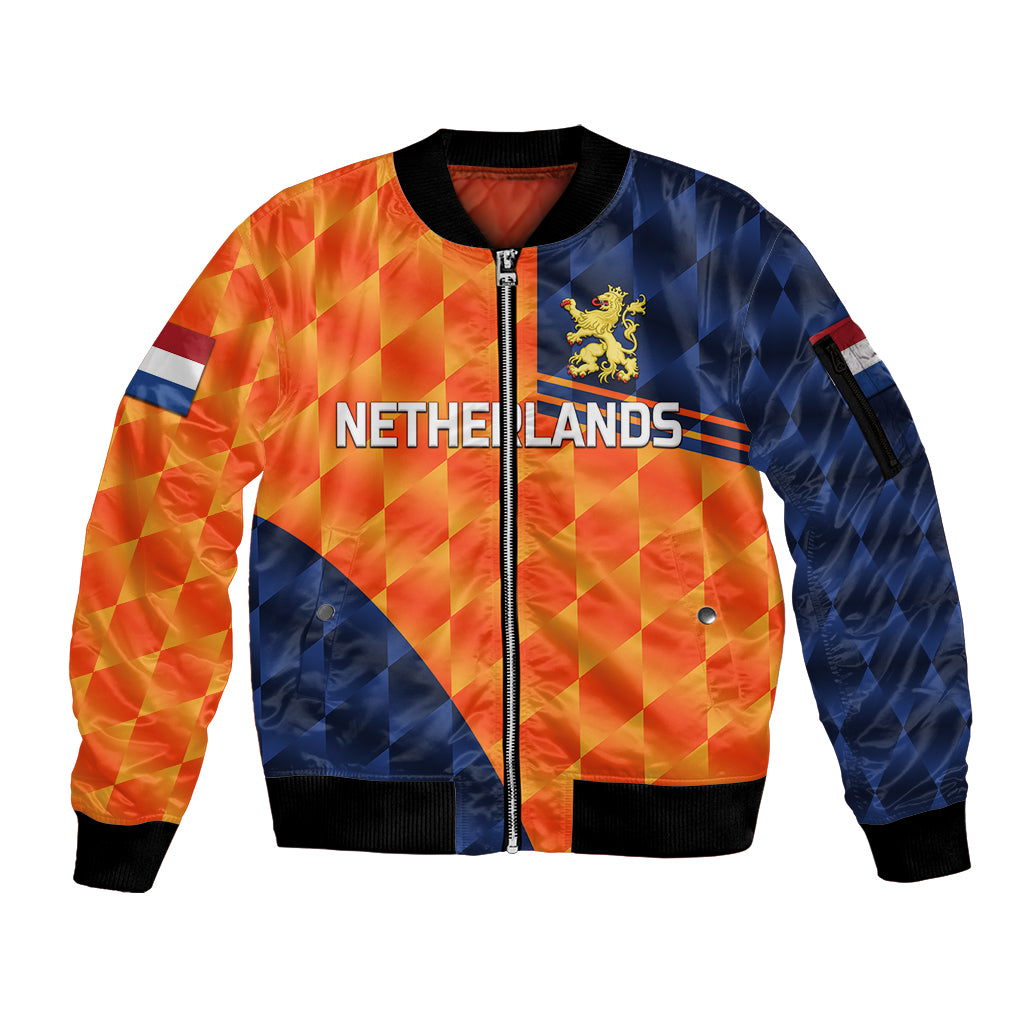 custom-personalised-netherlands-cricket-dutch-lion-sleeve-zip-bomber-jacket-pride-version-orange